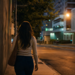 Mulher caminhando sozinha em uma rua urbana ao anoitecer, em imagem editorial ilustrativa