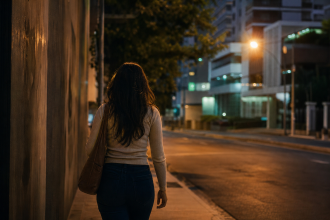 Mulher caminhando sozinha em uma rua urbana ao anoitecer, em imagem editorial ilustrativa